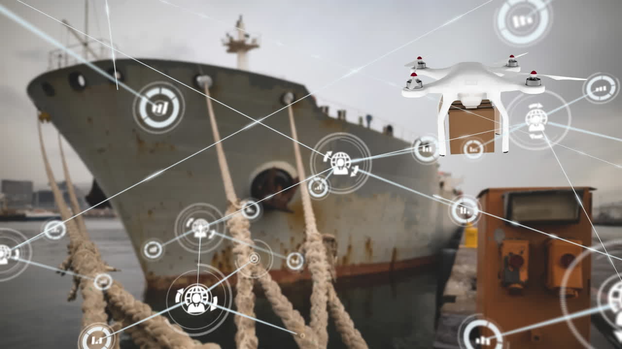 Animation of network of connections with icons over delivery drone with parcel