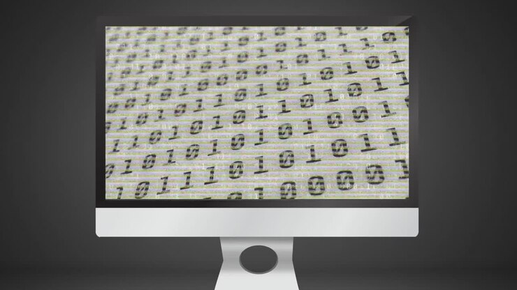 Digital animation of binary coding digital data processing on computer screen on grey background