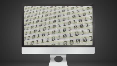 digital animation of binary coding digital data processing on computer screen on grey background