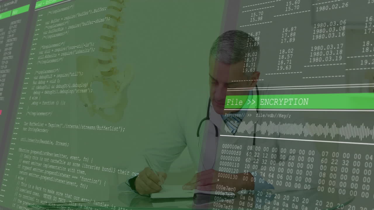 physician writing notes in medical office, showing health tech code overlay and encryption bars