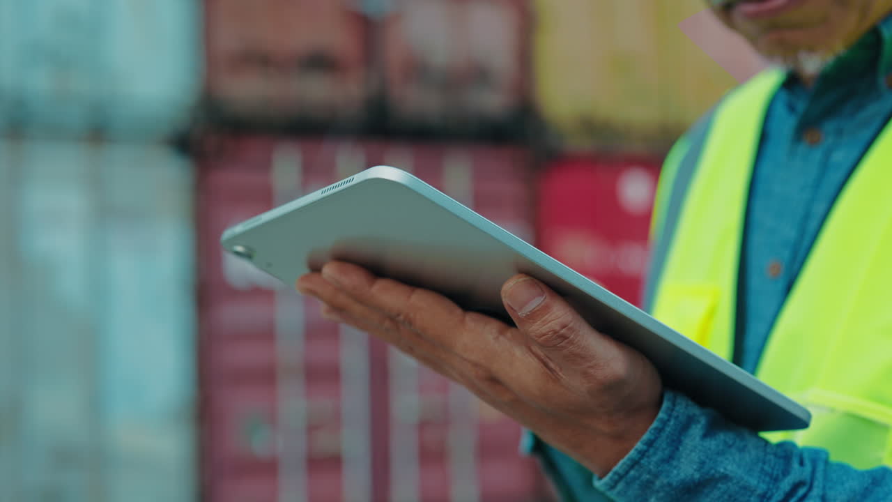 trabajador de almacén usando una tableta