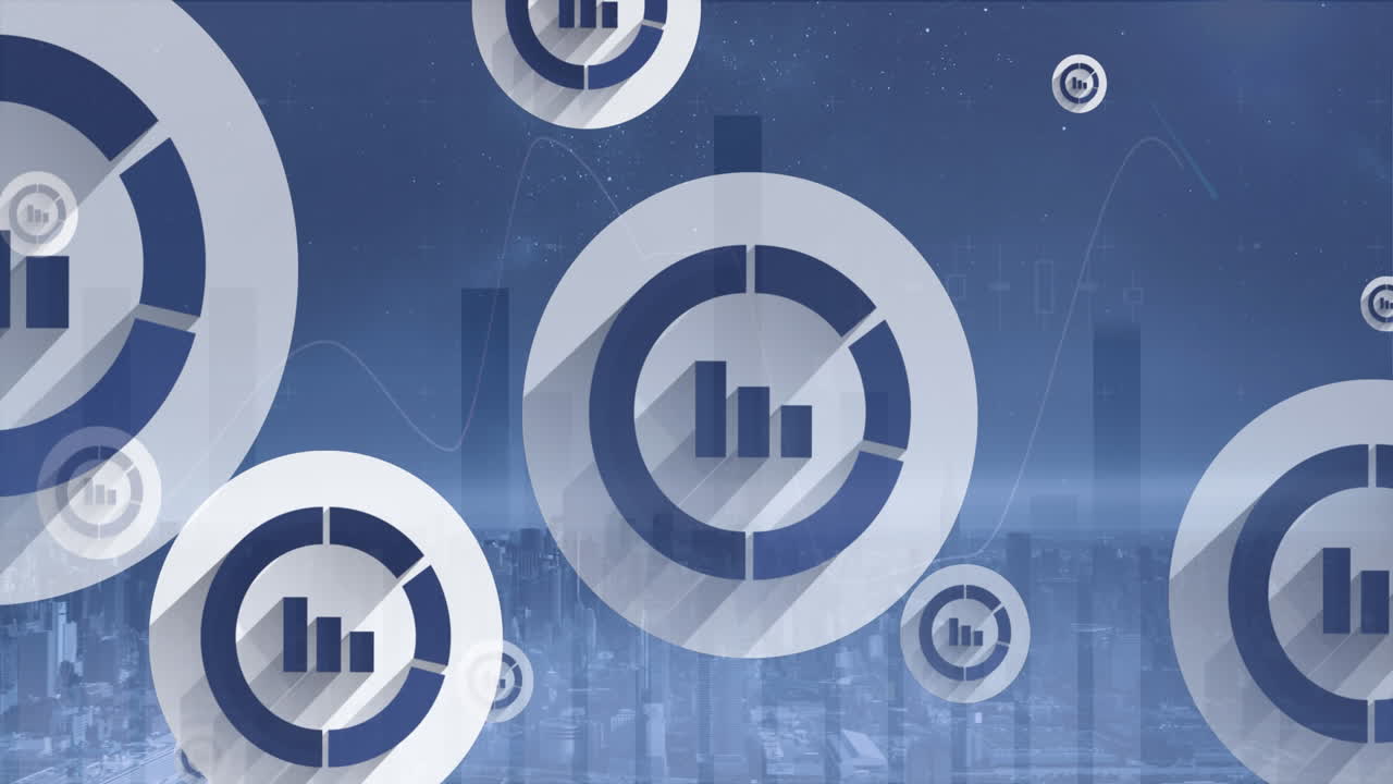 Animation of network of connections with icons over cityscape