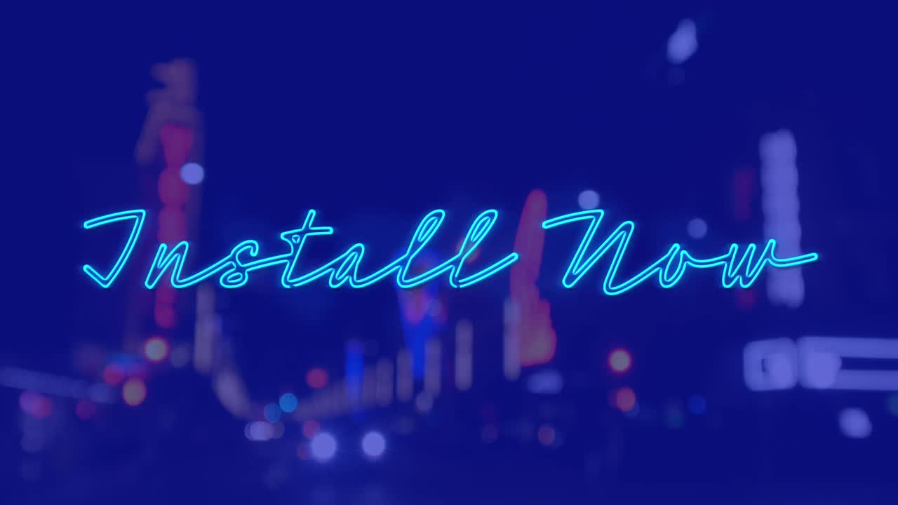 블루 배경에 밤에 도시 풍경 위에 지금 설치 텍스트의 애니메이션