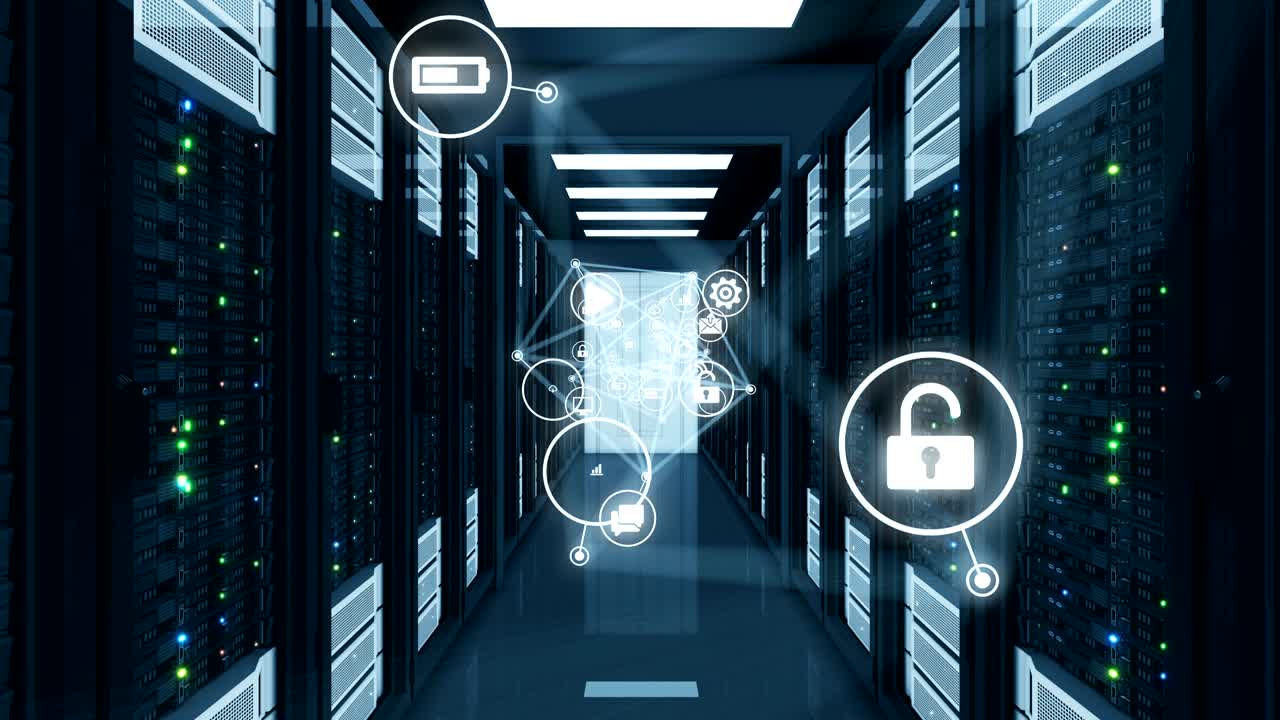 네트워크 아이콘을 통해 이동: 현대 데이터 센터 의 연결, 서버 랙 줄, 루프 3d 애니메이션, 디지털 비즈니스 및 기술 개념