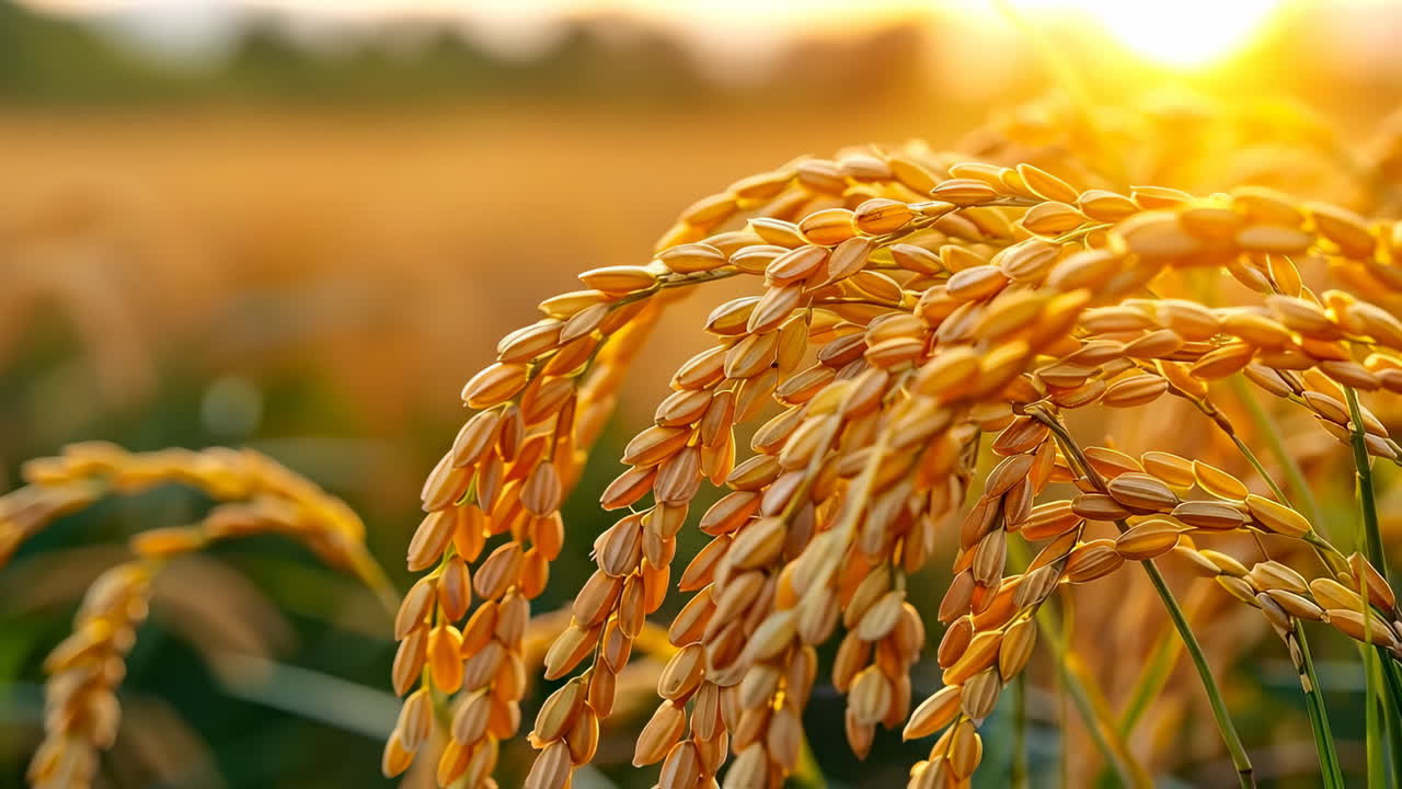 Golden rice field at sunset in autumn. A close view of golden rice grains swaying in the wind during sunset in an autumn field, showcasing nature's beauty