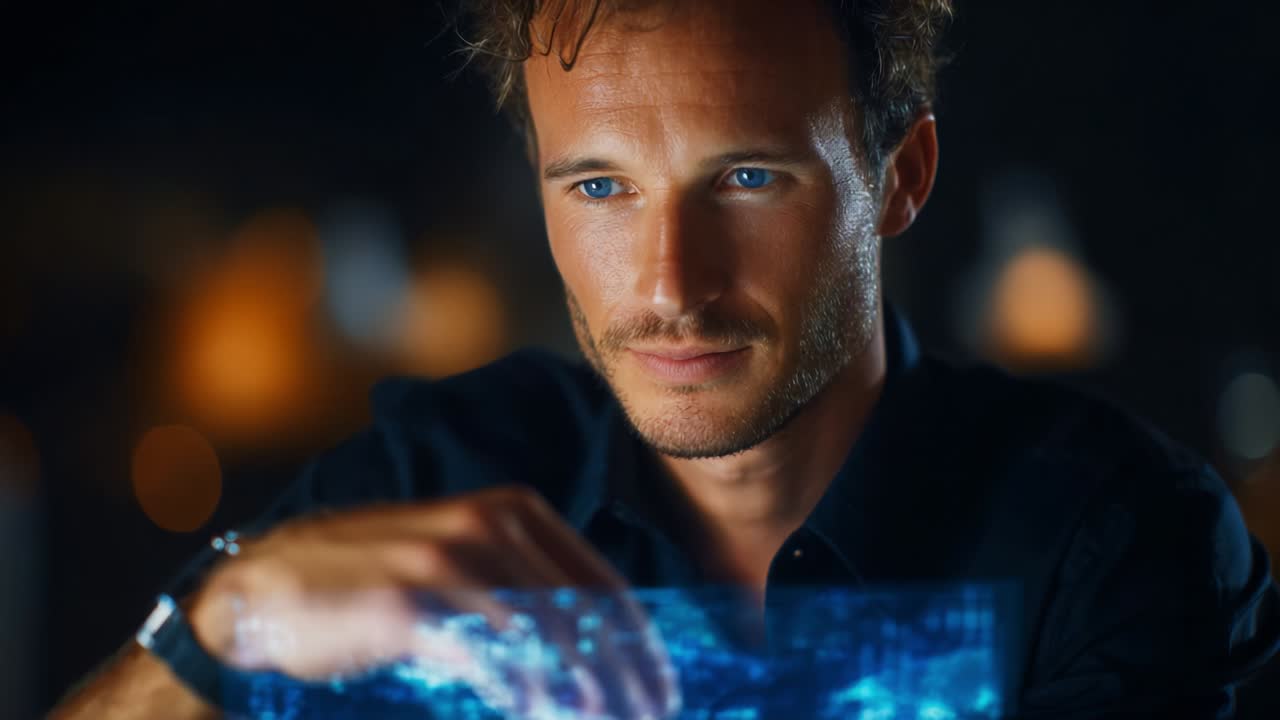 A focused individual engaged in digital interaction, captivated by an advanced holographic display projecting interactive visual content, showcasing modern technology and the future of digital experiences