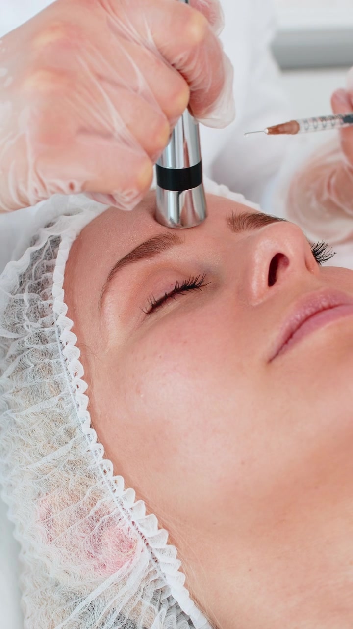 Mesoterapia senza iniezioni o elettroporazione estetista fa la terapia del viso della donna nel salone della clinica