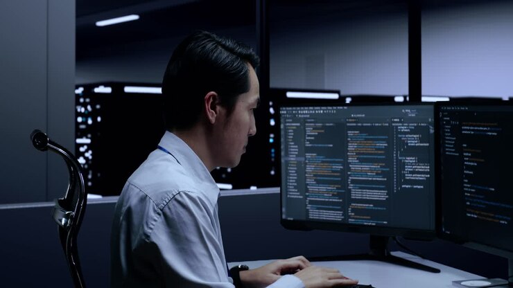Programmer working late in a server room