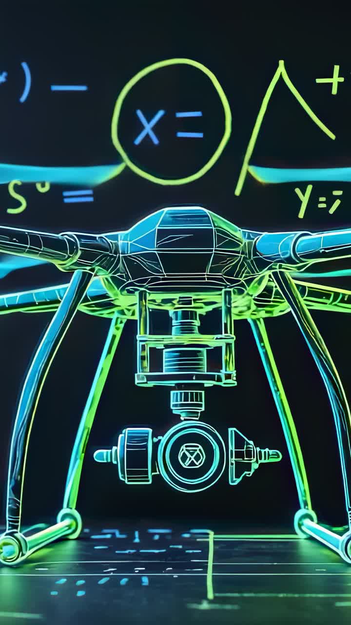 Vertical video: Neon wireframe quadcopter drone powering up rotors and descending over grid floor