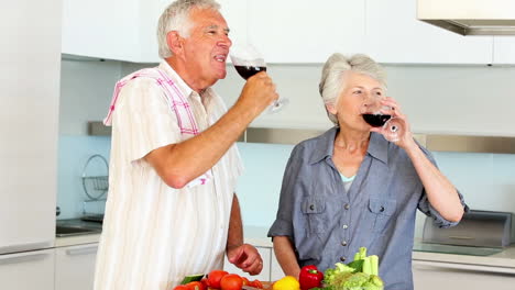 senior couple preparing a healthy meal while drinking red wine