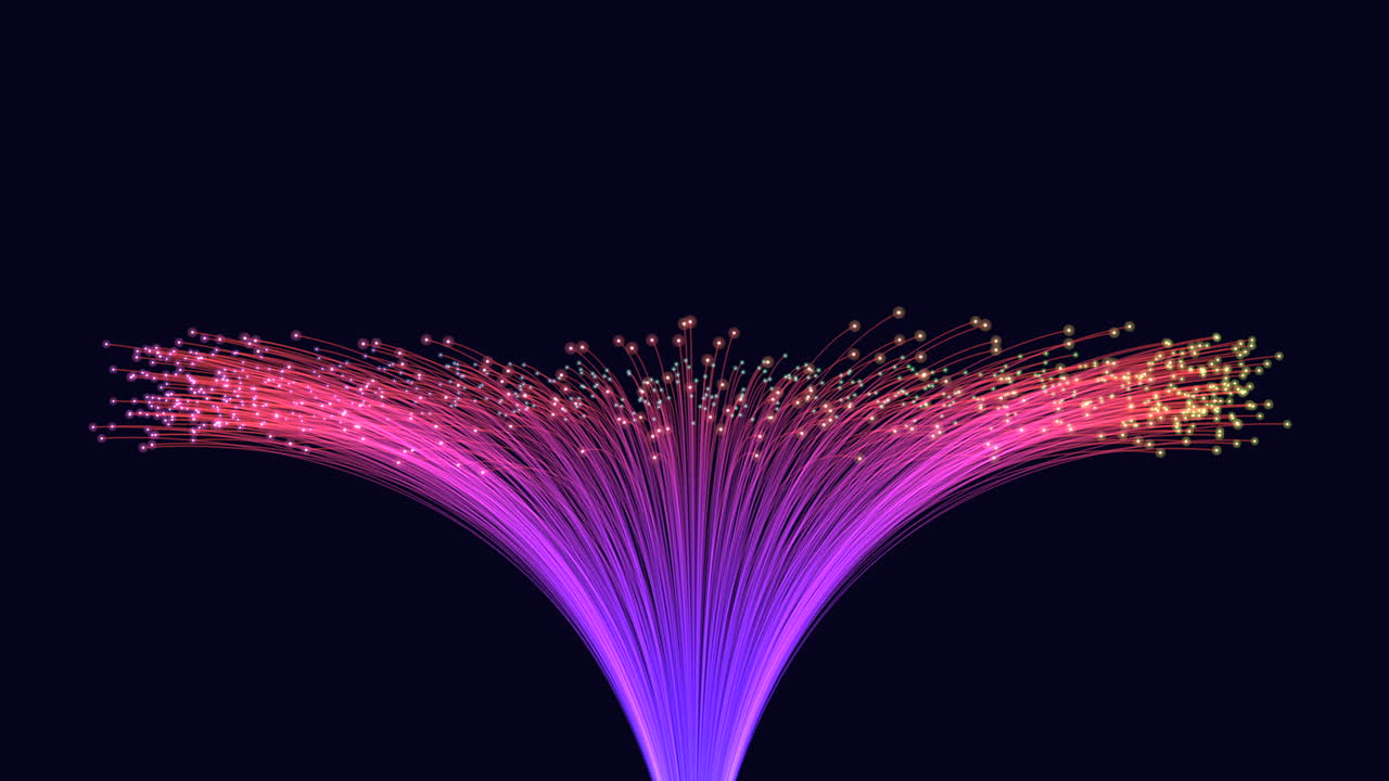 Colorful fiber optic light trails and sparkling particles fan outward on a dark background, representing fast data transfer, network connectivity, and digital technology