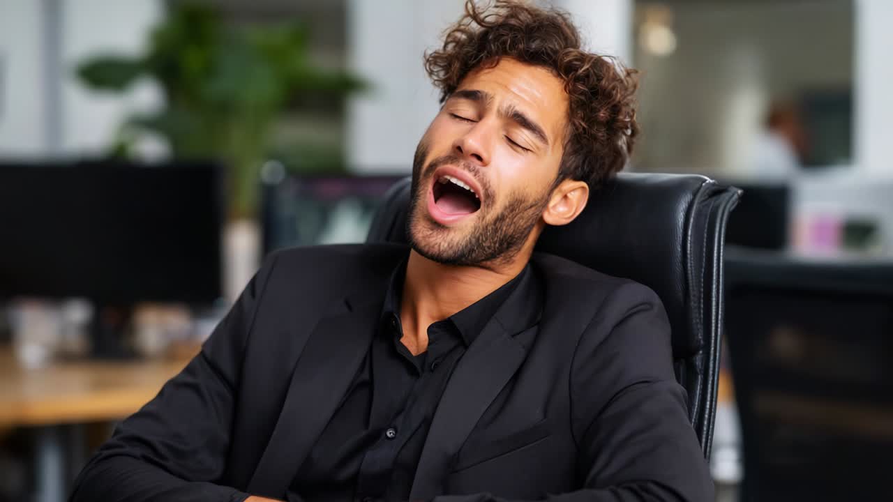 A professional man in a business suit expressing a moment of exhaustion in a modern office environment, showcasing the human element of stress and the impact of long work hours on productivity
