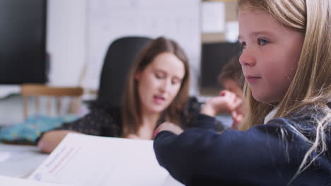 a schoolgirl sitting in a primary school class sharpening her pencil, side view, selective focus