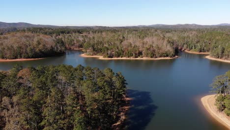 lake-allatoona-shoreline-low-water-level-georgia-aerial-drone-ascending-tilt