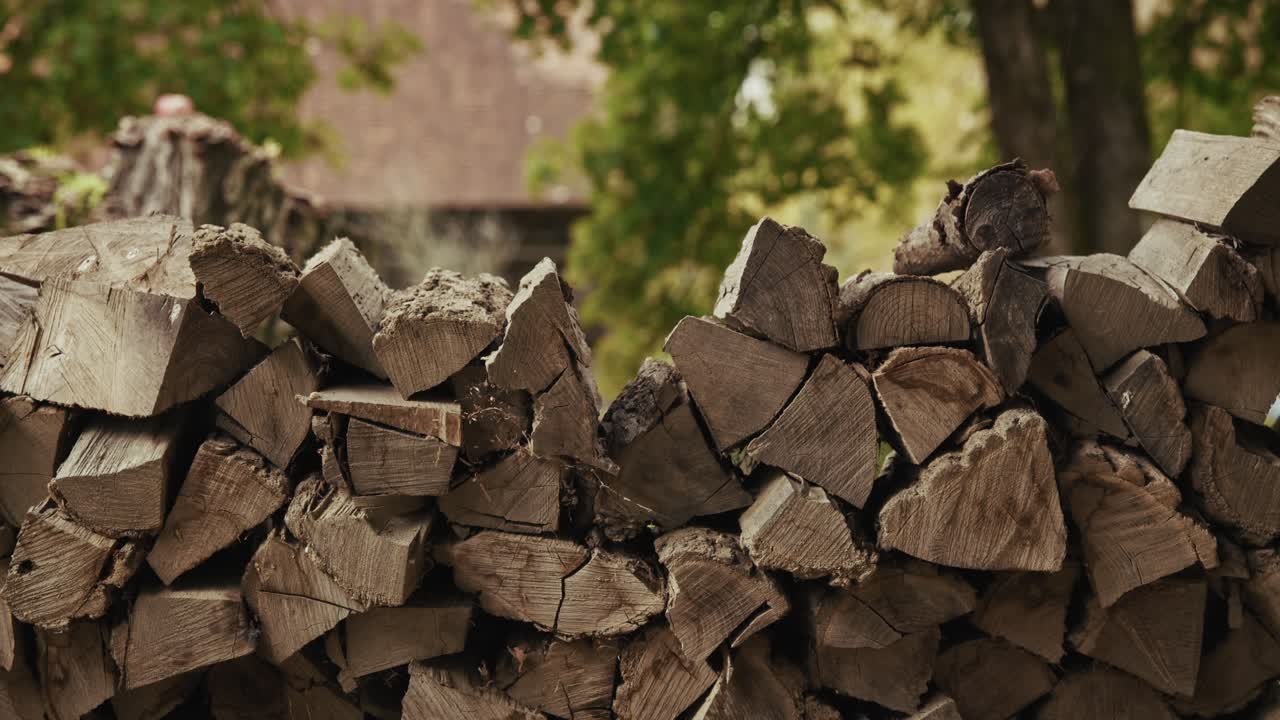 Stacked firewood pile with rustic ambiance, highlighting natural textures