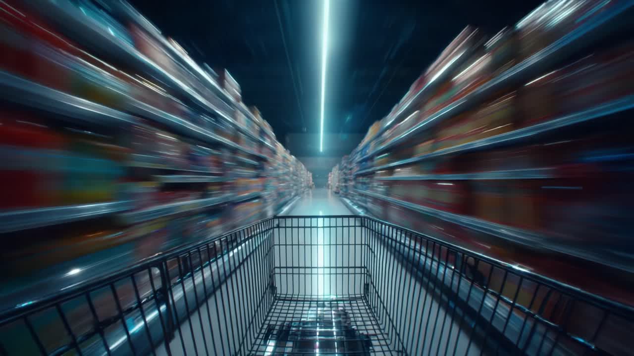 An immersive exploration through a modern grocery store aisle captured from a shopping cart's perspective, highlighting the vibrant array of goods in motion amid a sleek, illuminated environment