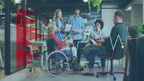 animation of financial data processing over diverse business people having meeting at office