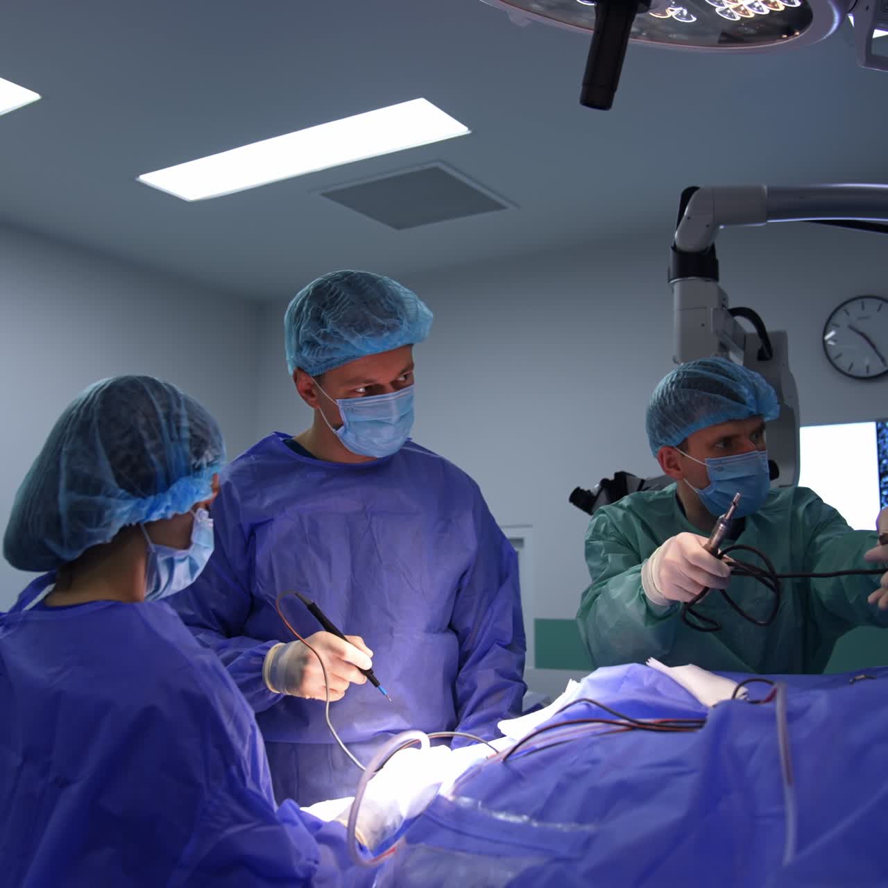 Doctors untie the wires of medical appliances to use them at neurosurgery. Female nurse assisting the surgeon holding the tube of a tool