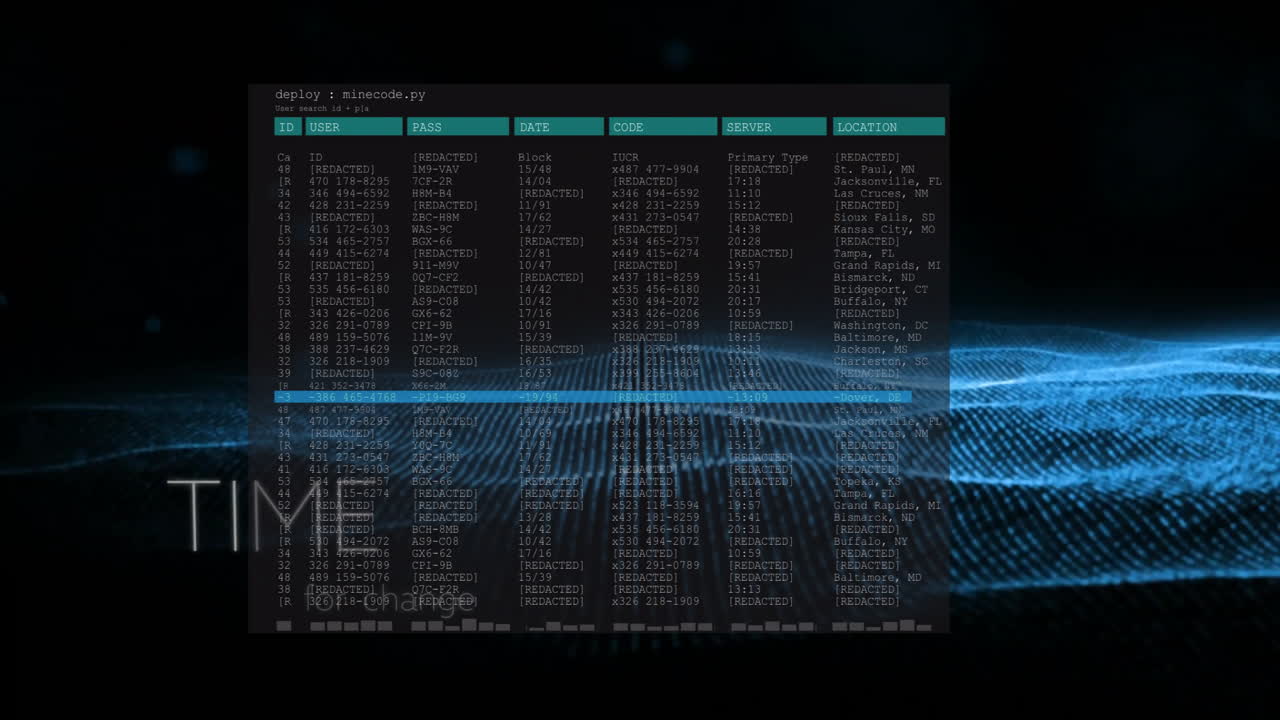Data processing animation over digital grid with time and location details