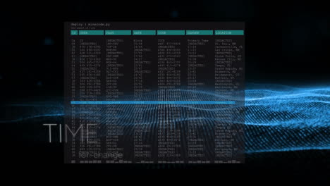data processing animation over digital grid with time and location details