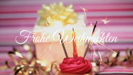 animation of frohe weihnachten christmas greetings text over candle and sparklers