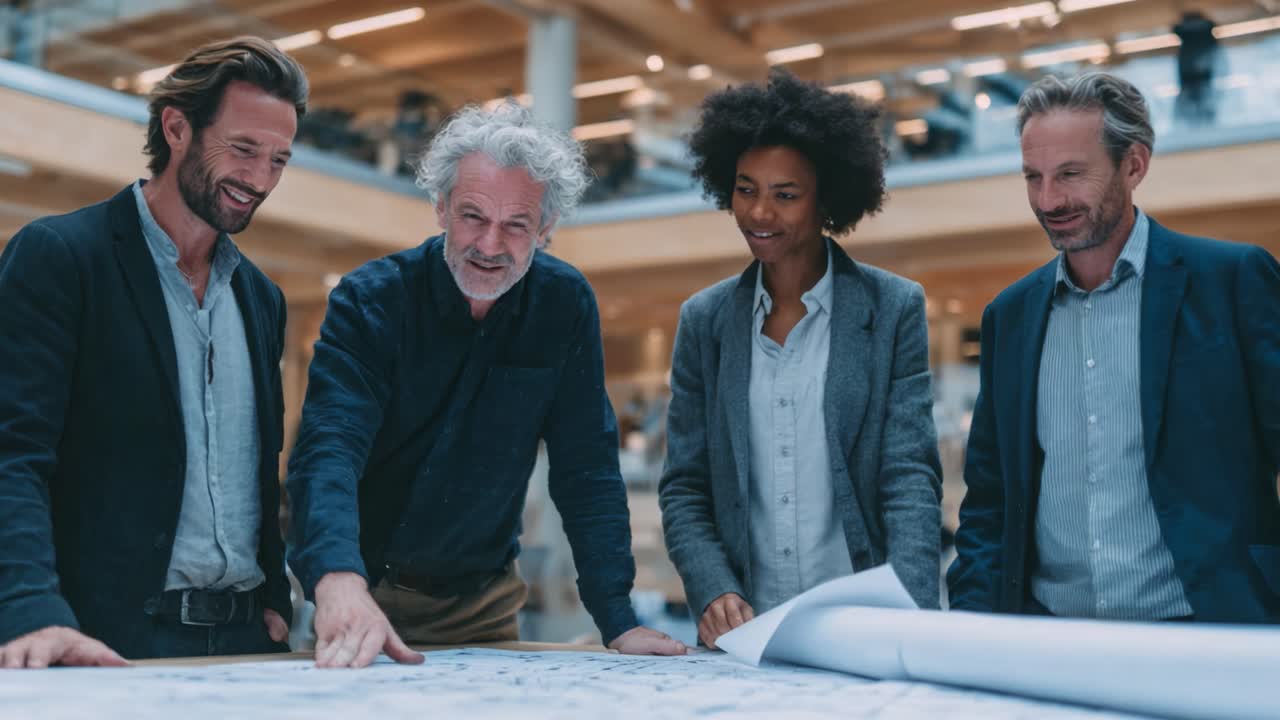 Equipo Colaborativo Trabajando sobre Planos Arquitectónicos en un Espacio de Trabajo Moderno, Analizando Elementos de Diseño y Creando Soluciones Innovadoras Juntos para Proyectos Futuros