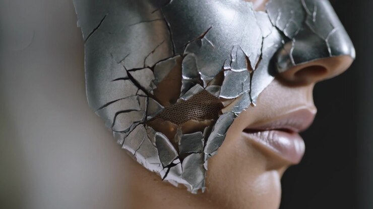 Appaiono crepe sottili, la maschera metallica di una donna si sta fratturando, rivelando una rete, per un primo piano in studio.