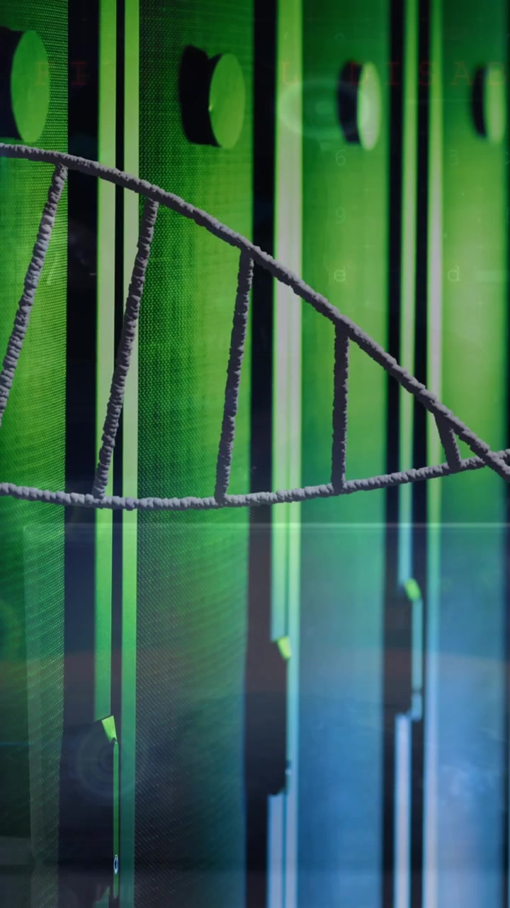 Animation of spinning dna strand over server room