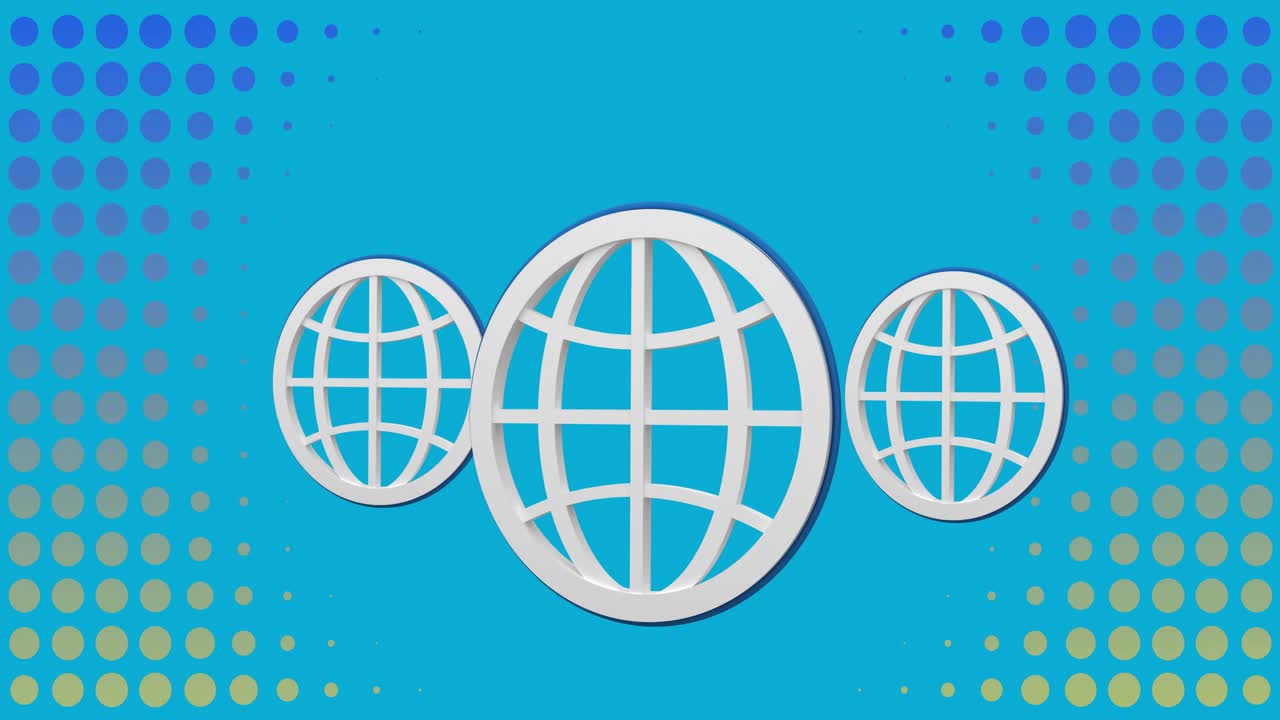 cyan-blue screen starting globe icons fading in orange ring growing shrinking halftone dots pulsing