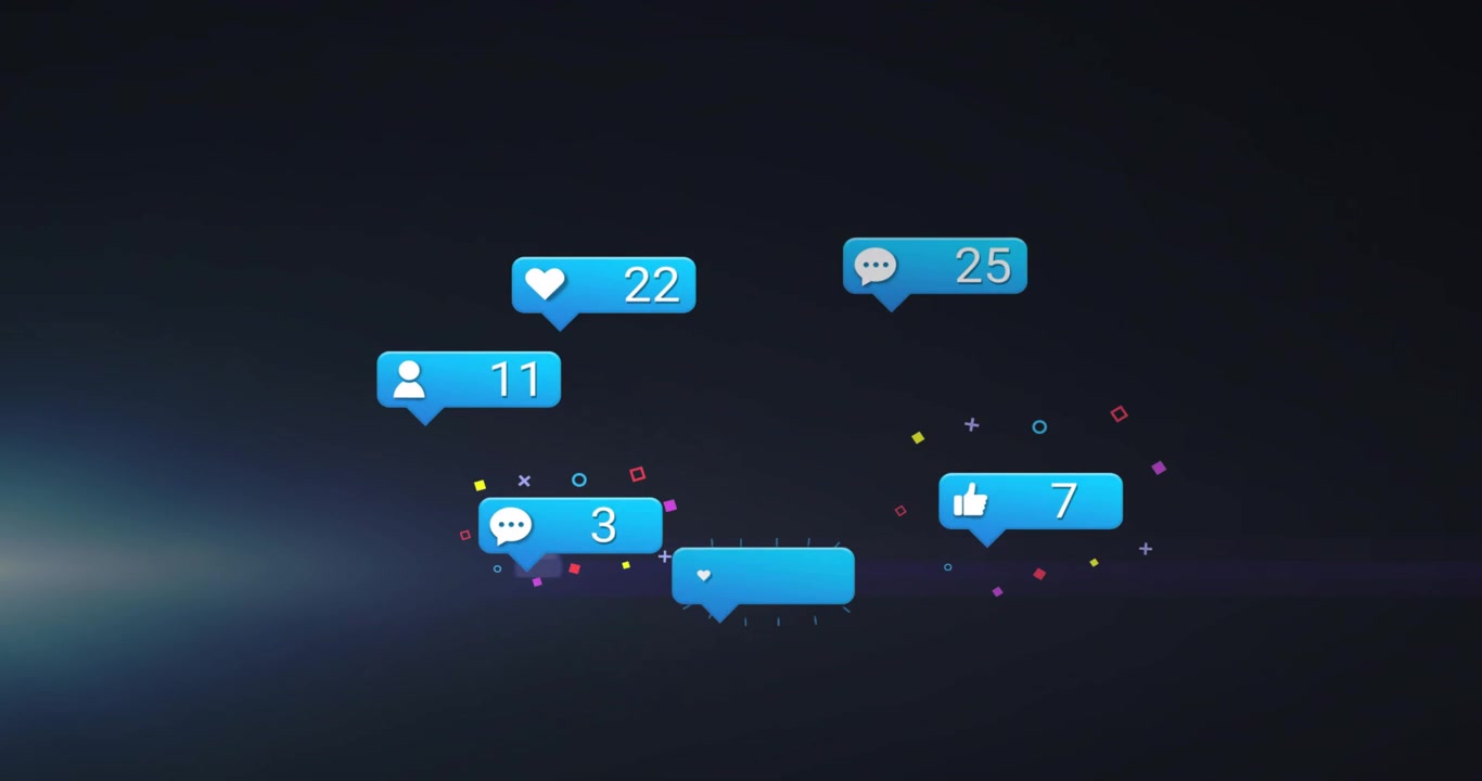 Empty comment bubble emerging launching icons floating pulsing and counting to show engagement rise