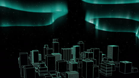 animation of cityscape at christmas over aurora