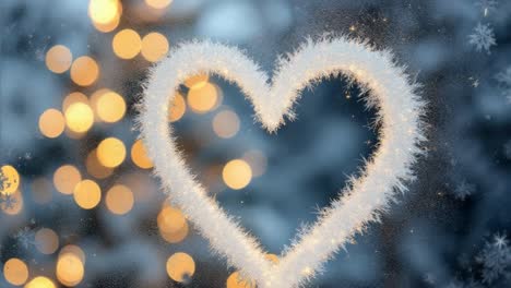 heart shape formed by frost on window with blurred festive lights in the background