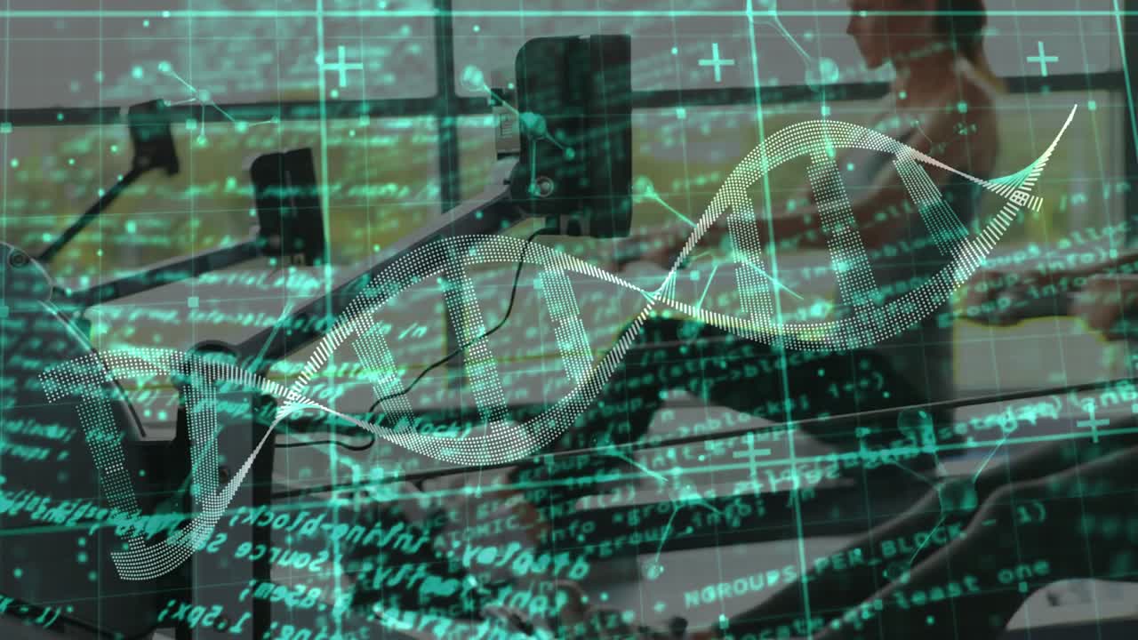 Two women pressing console and running on treadmills in fitness center, generating DNA data overlay
