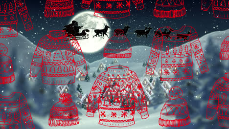 animation of christmas clothes over santa claus in sleight with reindeer in winter scenery