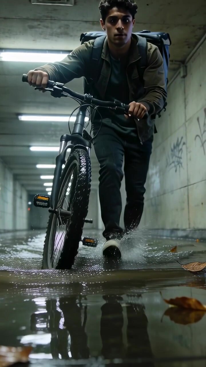 Video verticale: entrando in un tunnel, un uomo con una giacca color oliva spinge una mountain bike attraverso l'acqua per mantenere il controllo
