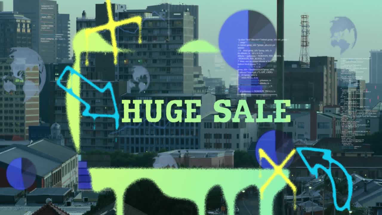 도시 풍경에 대한 거대한 판매 텍스트 및 데이터 처리의 애니메이션