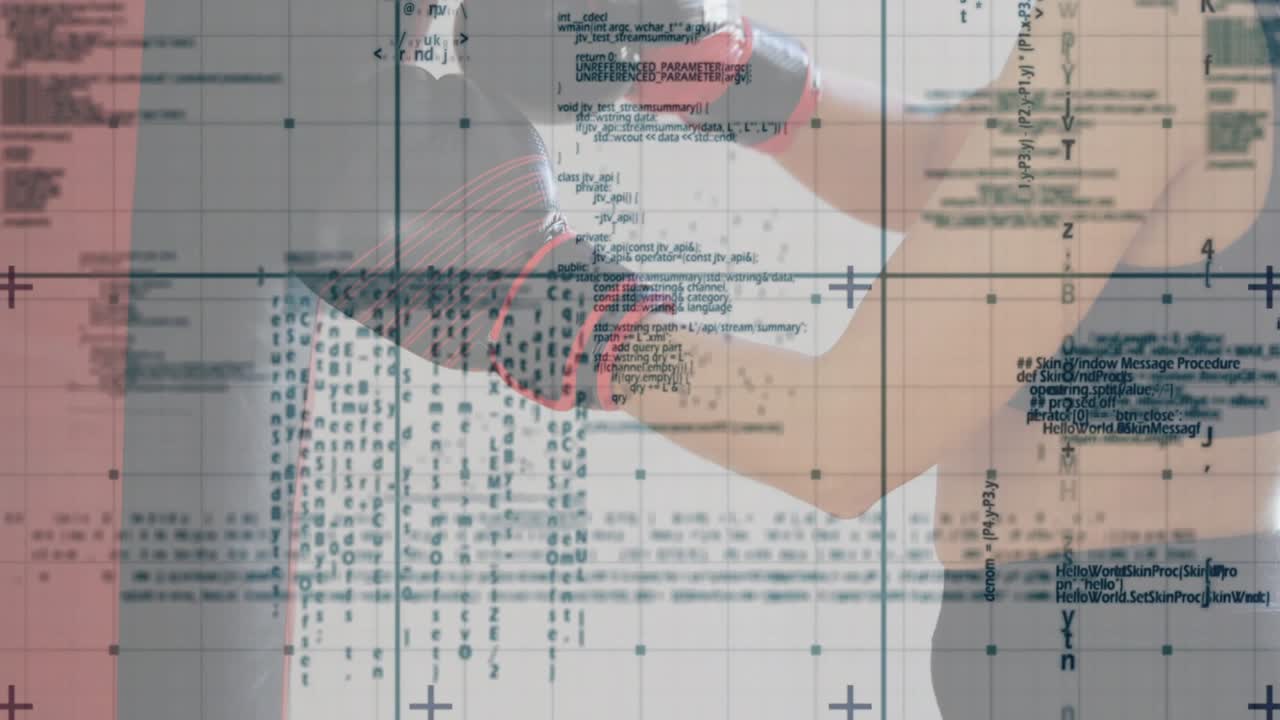 Tech touching sleeve, adjusting robot head, checking fit while grid and code tracking movement