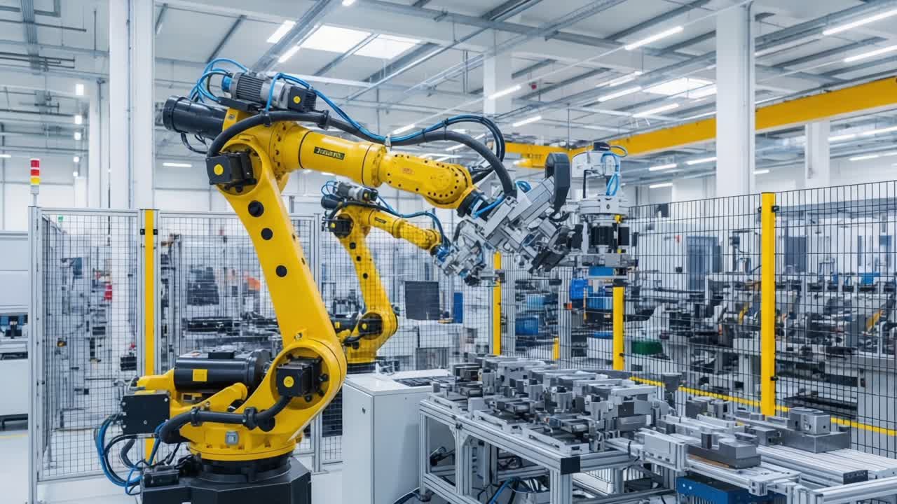 State-of-the-Art Industrial Robotics in Action: A High-Tech Automated Assembly Line Featuring Precision Robotic Manipulators in a Modern Manufacturing Environment