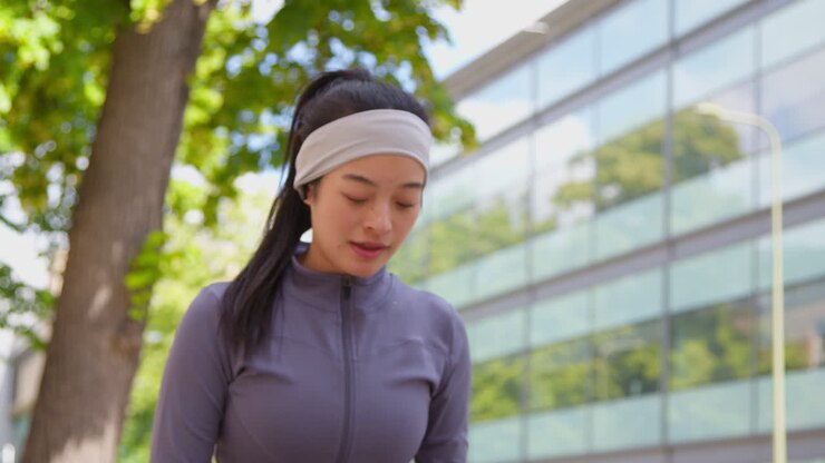 Close Up Of Young Woman Exercising Running Along City Street Wearing Wireless Earbuds Stopping To Rest 1