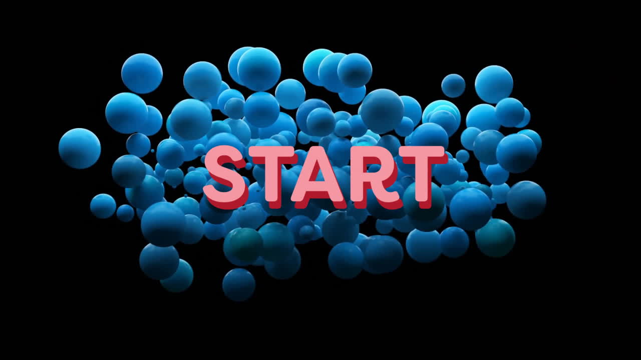 comenzar la animación de texto sobre esferas azules flotantes sobre fondo negro