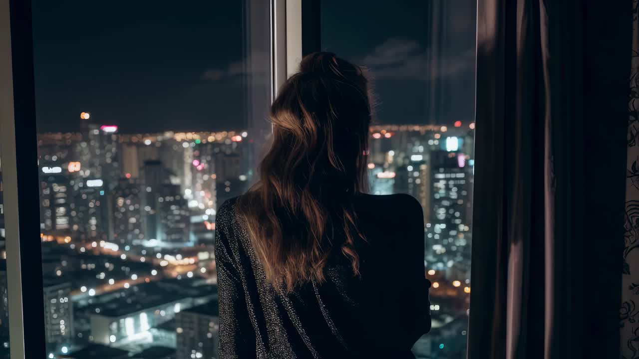 Young businesswoman admiring the illuminated cityscape at night from her hotel room window, feeling inspired and contemplating the urban landscape