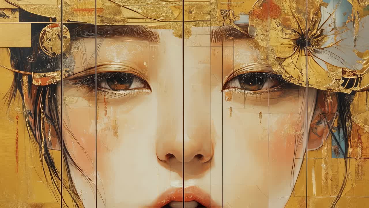 Artistic portrait of a young woman with delicate features, adorned with a golden flower and metallic ornaments, gazing intensely at the camera against a textured gold backdrop