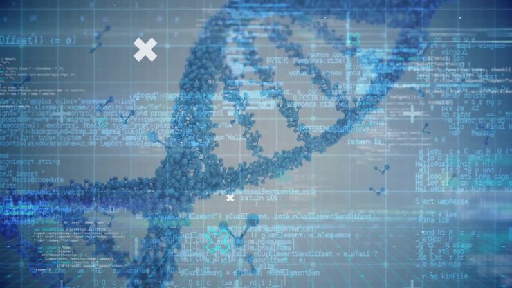Animation of data processing over dna chain on dark background