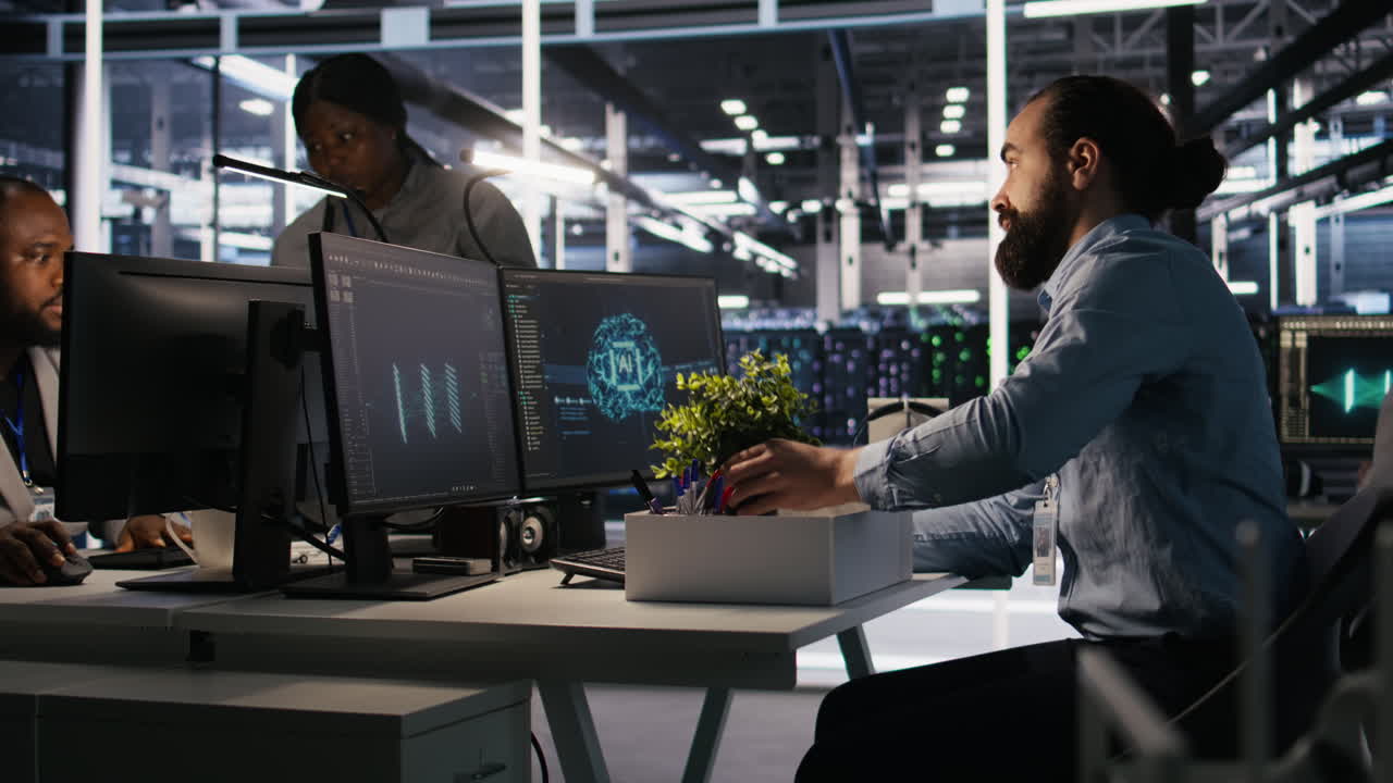 Vertical video Upset data center worker packing desk after being replaced by AI