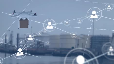 animación de la red de conexiones con iconos y drones de entrega sobre el puerto