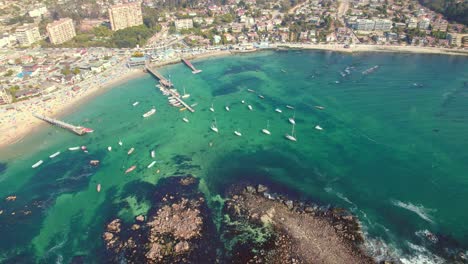 Slowmotion-shot-revealing-boats-docked-off-the-coast-of-Pejerrey-beach,-Algarrobo