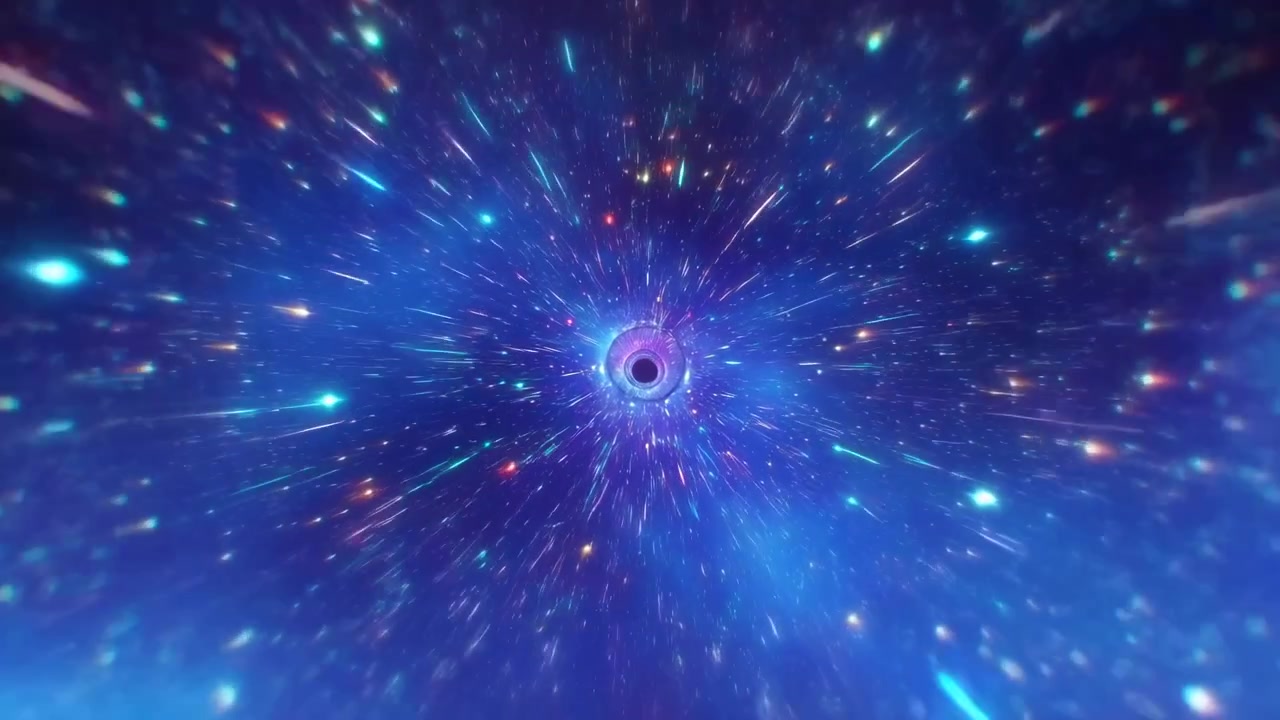 A cosmic explosion expands outward, emitting bright particles and stars, set against a backdrop of space filled with stars and nebulae. The dynamic and energetic burst is the focal point.