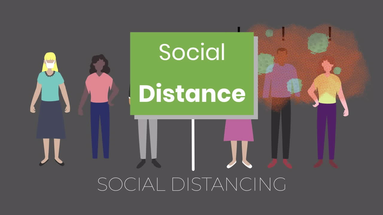 회색 배경에 사회적 거리를 유지하는 사람들 위에 녹색 배너에 사회적 거리 텍스트
