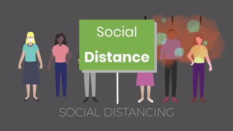 social distance text on green banner over people maintaining social distancing on grey background