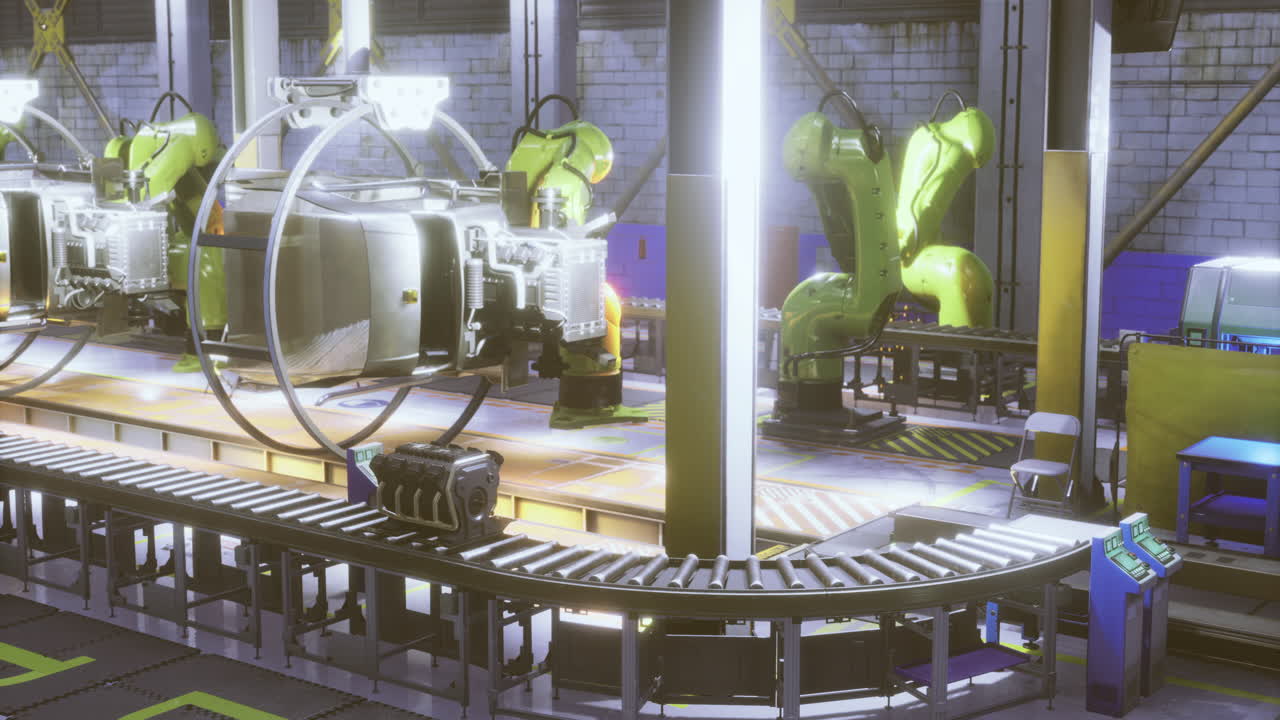 Vibrant high tech robotic assembly line in a modern factory